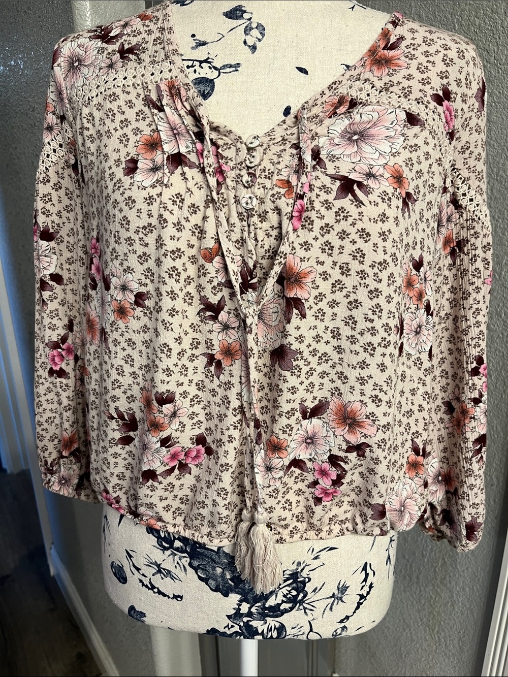 American Rag Cream Floral Tie-Front Peasant Blouse